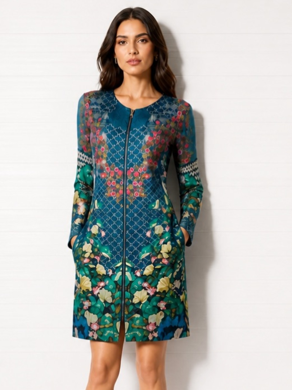 LABEL RITU KUMAR Dress Boho Full Zip Shift Long Sleeves Blue Floral